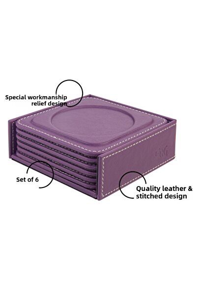 2K Coasters, Set of 6, Desktop Round Cup Coaster, Vegan Faux Leather, 11X11 Cm., Lilac