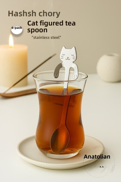 Anadolu Saray Stainless Steel Teaspoon with 6 Cat Figures That Can Be Hanged on the Brim of the Cup, Ideal for Stylish Presentation
