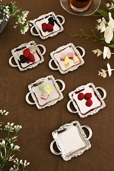 LUMINZO Tados 6-Piece Coffee Side Serving Tray Silver Square Presentation Plate Tableware Catering Guest Service