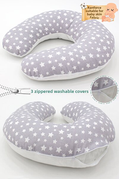 mordesign وسادة رضاعة مزدوجة الجوانب / وسادة دعم الطفل، وسادة الحمل، قماش قطني، نمط النجوم، رمادي