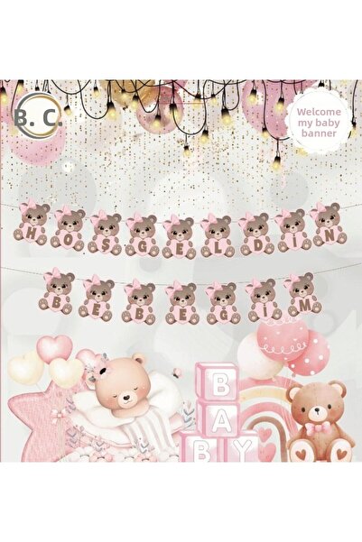 asöy Banner de bun venit pentru bebeluș cu litere de caligrafie roz cu ursule...