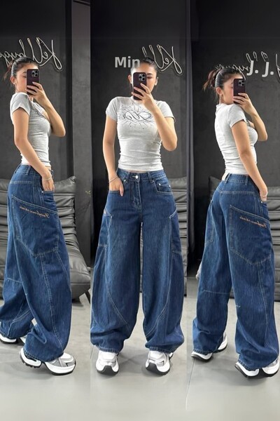 Karakedi Street Style Multi-Pocket Baggy sötétkék farmer