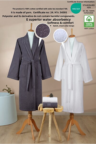 Ellaline Σετ μπουρνούζι 4 τεμαχίων Anthracite White Şalyaka - 100% βαμβακερό πιστοποιημένο οικογενειακό μπάνιο