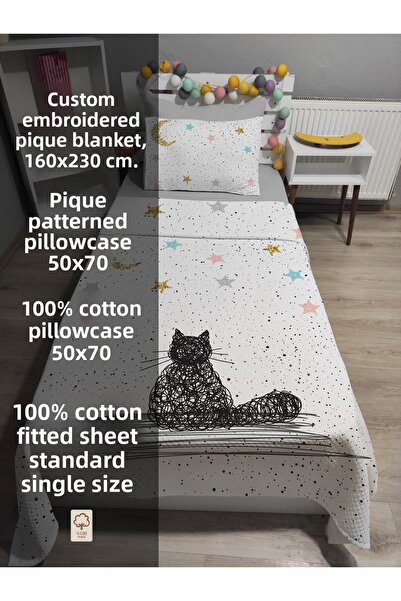 yok yok evim eve dair her şey 4 Piece Cat Patterned Single Pique Bedspread Set with Elastic Sheets