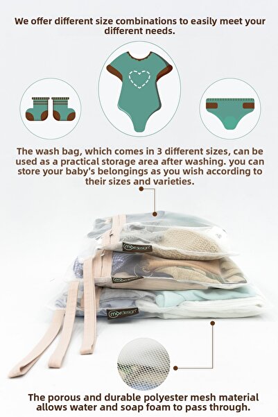 mordesign 3-Piece Laundry Net, Dirty/Clean Baby Clothes Bag, Dirty Basket, Dhobis Series, Beige