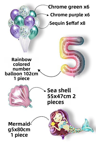 PARTİAVM Mermaid Balloon Full Party Decoration Set