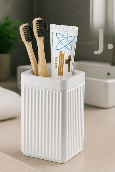 Sas Haus Lines Series White Bathroom Set, 5 Piece Acrylic Square 5 Liter Trash Can, Soap Dispenser, Brush Holder Set 34