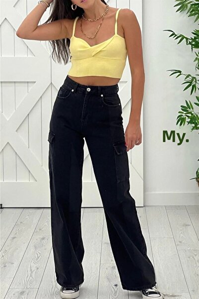 DRC trend بنطلون جينز أنتونينا أسود فضفاض بدون جيب خلفي من الليكرا عالي الخصر