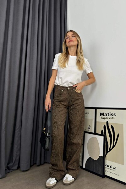 Sue Store Ψηλόμεσο μαύρο λεοπάρ ίσιο τζιν με στάμπα