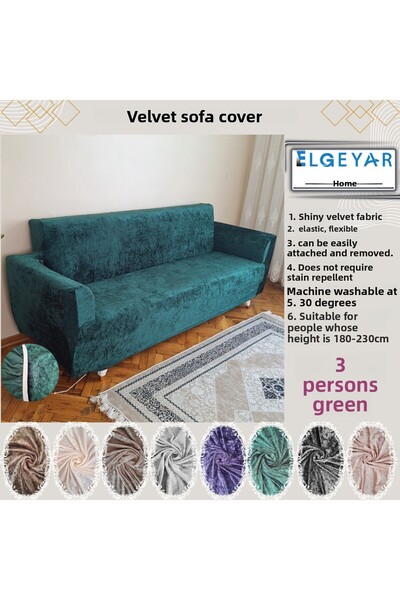elgeyar Velvet Sofa Set for 3 People - Sofa, Sofa Mat and Sofa Lock