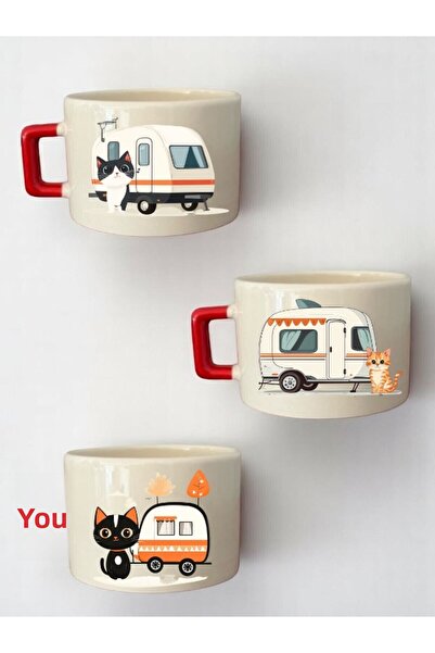 lili hediyelik مجموعة من 3 أكواب قهوة مطبوعة على شكل قطة وعربة منزلية من السي...