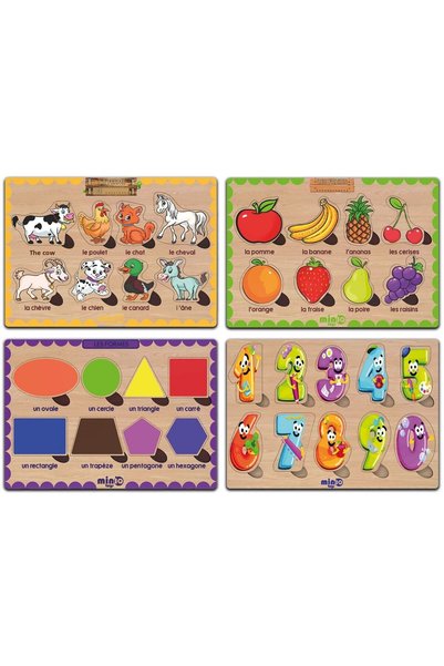 minİQ toys Wooden French Double Holder Animal.-fruits-flakes-numbers 4-piece Set Educational-instructive Puzzle