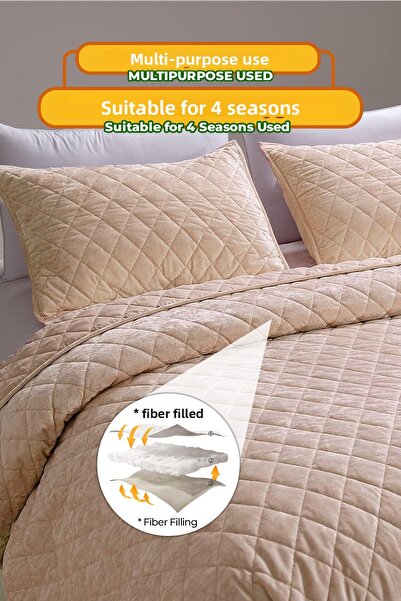 Evlen Home Collection Quilted Velvet Bed Cover Set Double Supersoft 3 Pieces Soft Fiber Filled Dowry Box Beige