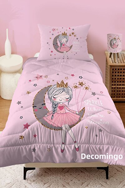 dekomingo PINK MOON MOUNTED GIRL PATTERNED QUILTED CHILDREN'S QUILT AND PILLO...