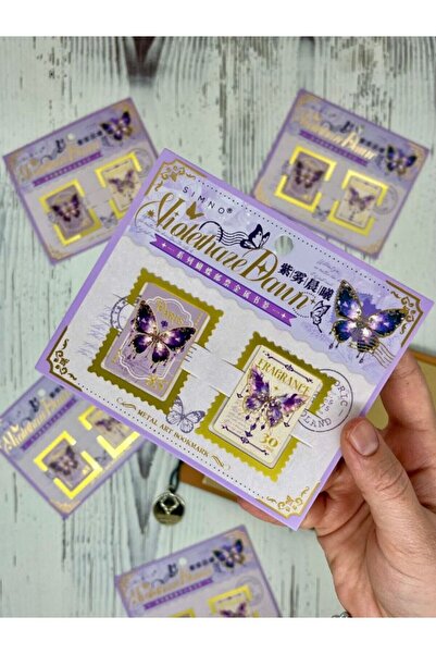 Kağıt Gemi Dükkan Elegant Butterflies Purple Color Metal Set of 2 Bookmarks/Paper Clips/Bookmark
