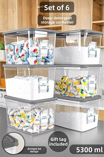 Meleni Home 6-Piece Mega Size Detergent Storage Box - Bathroom Tablet Powder Detergent Box with Label 5.3 Liter Transparent