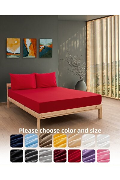 MODELHOME Ranforce Akfil Red Elastic Bed Sheet with Pillowcase Single Double King Size Fitted Sheet Set