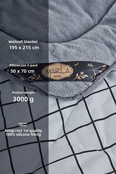 MARLA HOME Gray-white Patterned Single Welsoft Quilt Set - Blanket Fluffy Soft
