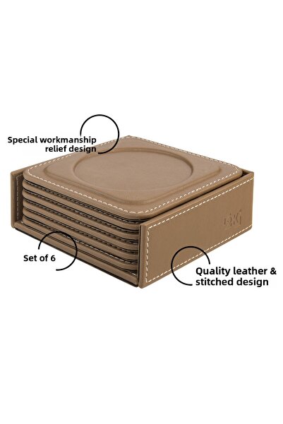2K Coasters, Set of 6, Desktop Round Cup Coaster, Vegan Faux Leather, 11X11 Cm., Mink