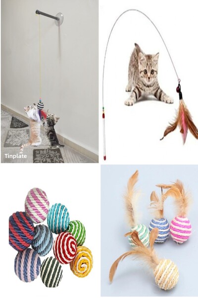 TİNEKE 4 Piece Set 1 Piece 90 Cm Fishing Rod 1 Piece Wrap Rod Ball 1 Piece Suction Cup Cat Fishing Rod 1 Piece Furry Ball