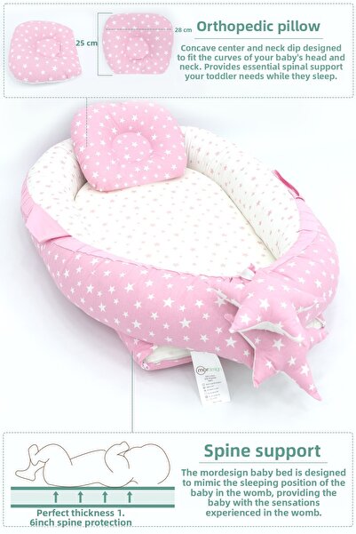 mordesign Babynest Orthopedic Baby Bed, Mother's Side Baby Bed, Ergonomic Design, Stars Series, Pink
