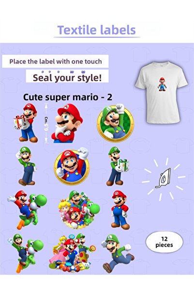 AGG Reklam مجموعة ملصقات الملابس سوبر ماريو-2 مكونة من 12 قطعة تلتصق بالحديد