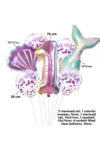 PARTİAVM Mermaid Balloon Set of 7 (Mermaid Seashell Number Balloon and Sequin Transparent Balloon Bouquet)