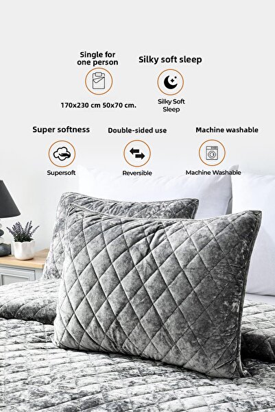 Evlen Home Collection Quilted Velvet Bedspread Set Single Supersoft 2 Piece Soft Fiber Filled Dowry Box Gray