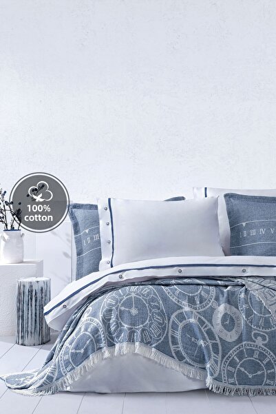 Yataş Asral Double Bed Covered Duvet Cover Set / Dowry Set - Indigo