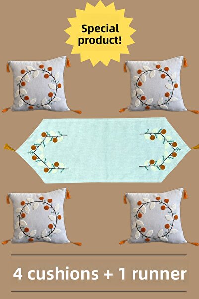 e-Bizz Store Set de eleganță din 5 piese cu broderie Punch – 4 perne și 1 run...