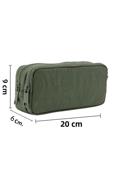 DUOMİNO حقيبة أقلام رصاص مجعدة قابلة للغسل باللون الأخضر الكاكي بحجرتين مجعدتين/حقيبة أقلام رصاص بحجرتين مقاومتين للماء