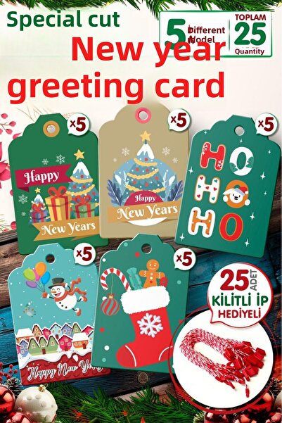 t tuğset etiket بطاقة تغليف هدايا السنة الجديدة 25 قطعة 7x4.5 سم، 25 خيط قفل ...