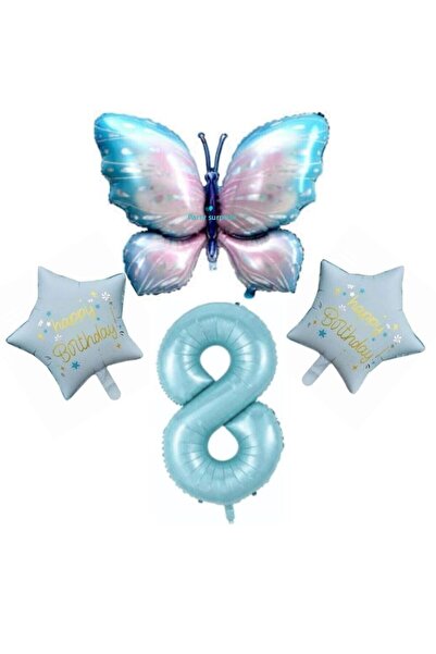 parti sürprizi Happy Birthday 8 Years Old Foil Balloon Set with Blue Butterfly