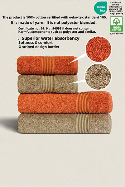 Ellaline 4-Piece Bath Towel Set 100% Cotton Certified Body & Head, Dowry 50X90 - 70X140 Brown Orange
