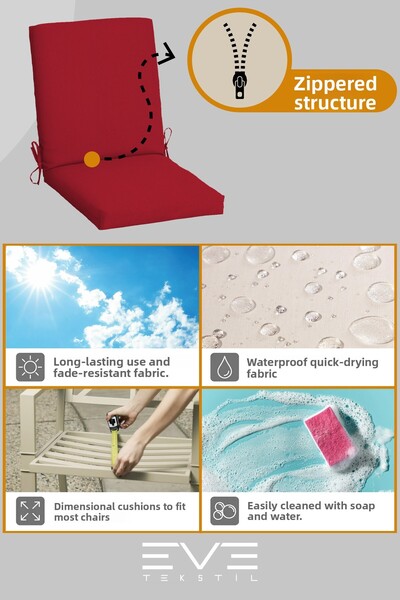 Eve Tekstil Garden - Living Room - Balcony Back Zippered Connectable Washable Chair Cushion 2 Pieces