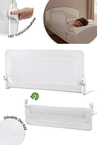 Wellgro Premium 150X65 cm Bed Barrier with Leather Cover, Folding Bed Rail, White