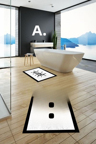 EY HOME Printed Washable Non-Slip Framed Bath Mat with Writing, Double Bathroom Rug, Toilet Seat Set