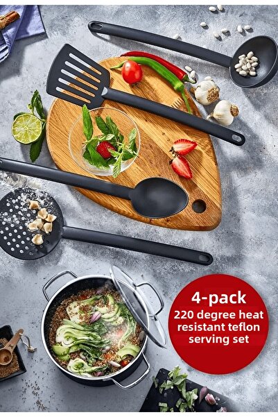 Fevito Practical Fireproof Non-Stick Teflon Serving Set Durable Ladle Colander Spatula Spoon 4-Piece Black