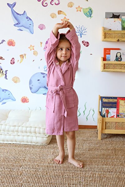 vivamaison برنس حمام للأطفال من الموسلين، 100% قطن، 4 طبقات باللون البرقوقي