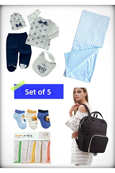 Avşar Baby 5-Piece Birth Set (Mother Baby Bag, Hospital Release Blanket, 10-Piece Wipes and 3-Piece Socks)