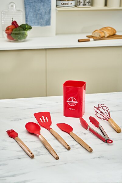 Karaca Zoey 7-Piece Red Beech Handle Silicone Head with Stand Service Set