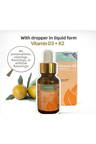 HerbalLive زجاجة فيتامين مكمل 20 مل مع قطارة تحتوي على D3 + K2