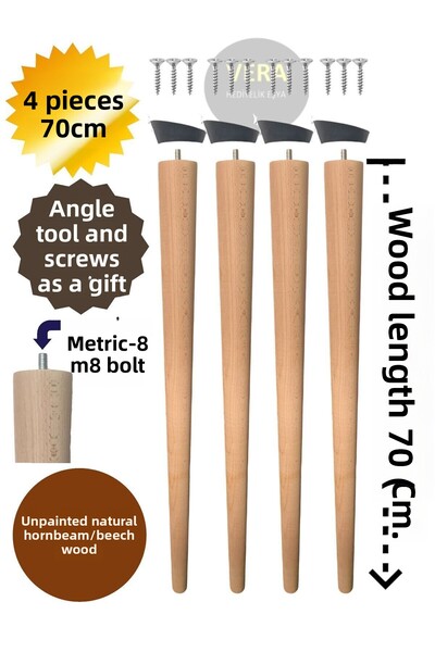 Vera Hediyelik Eşya Set de 4 picioare de masă conice din lemn natural de 70 c...
