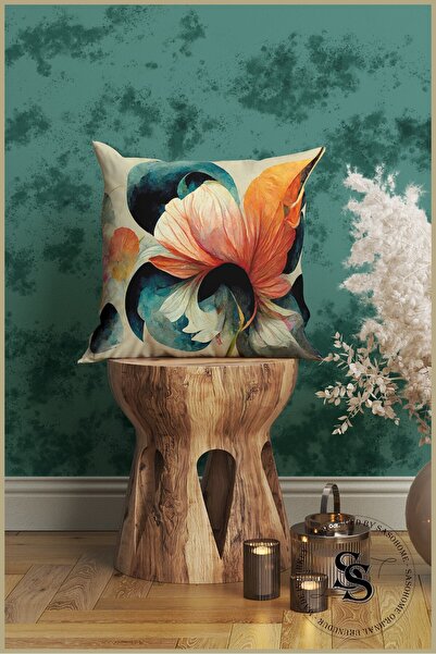 SasoHome Modern Painting Patterned Orange Flowers Set of 4 Digital Printed Throw Pillow Covers