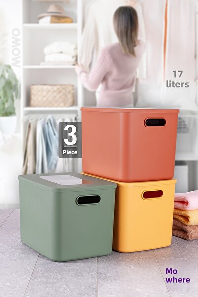 Mowo Home صندوق تخزين Mowo Box مكون من 3 قطع بألوان مختلطة سعة 17 لترًا مع غطاء، منظم، تخزين