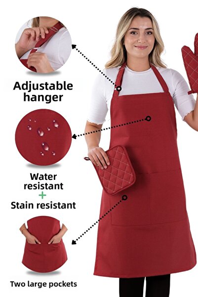 sevilya طقم مريلة مطبخ بسيط مكون من 3 قطع مع شماعة قابلة للتعديل (قفاز، مقبض)