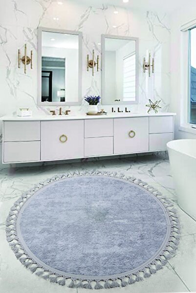 Bonny Home Nova Gray Round 120x120 Cm Pompom Fringed Non-Slip Base Machine Wa...