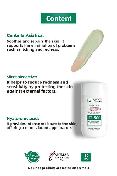 SİNOZ Pure Cica Tiger Grass - Instantly Tone Equalizing Moisturizing Spf50 Facial Sunscreen