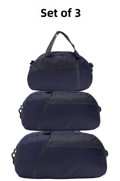 KAFF Set of 3 D Navy Blue Suitcases with Front Pocket, Adjustable Shoulder St...
