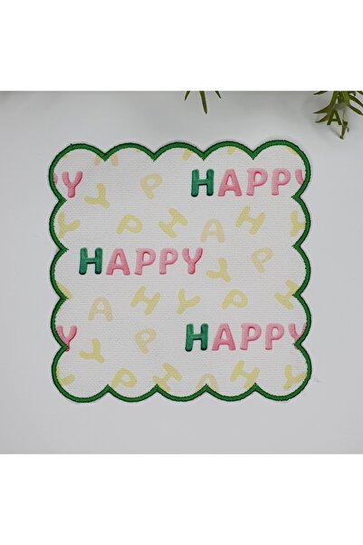 DECO Happy Slogan Patterned Green Embroidery Edge Cocktail Napkin 1 Piece
